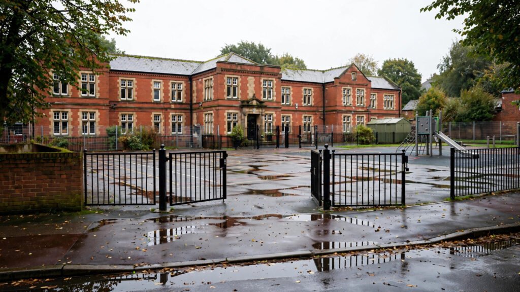 British primary school gates on a school-run morning, representing the world of Motherland in which Diane Morgan played Liz