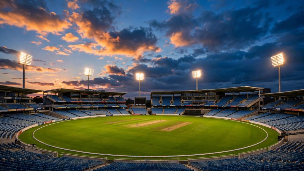 Floodlit cricket stadium at dusk, evoking Sushant Singh Rajput's acclaimed role in M.S. Dhoni: The Untold Story