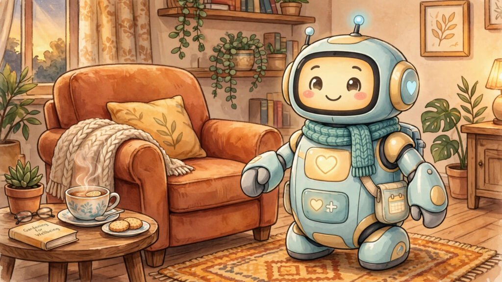 Illustration of a friendly eldercare robot in a living room, representing Diane Morgan's robot character Linda in Ann Droid