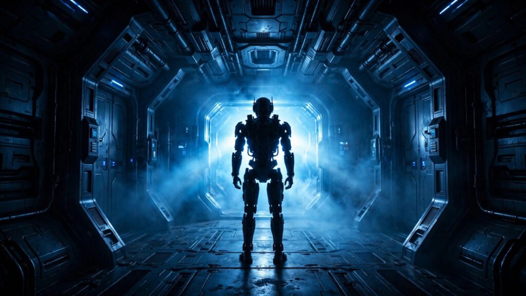 Futuristic security robot in a spaceship corridor, representing Alexander Skarsgård's title role in the sci-fi series Murderbot