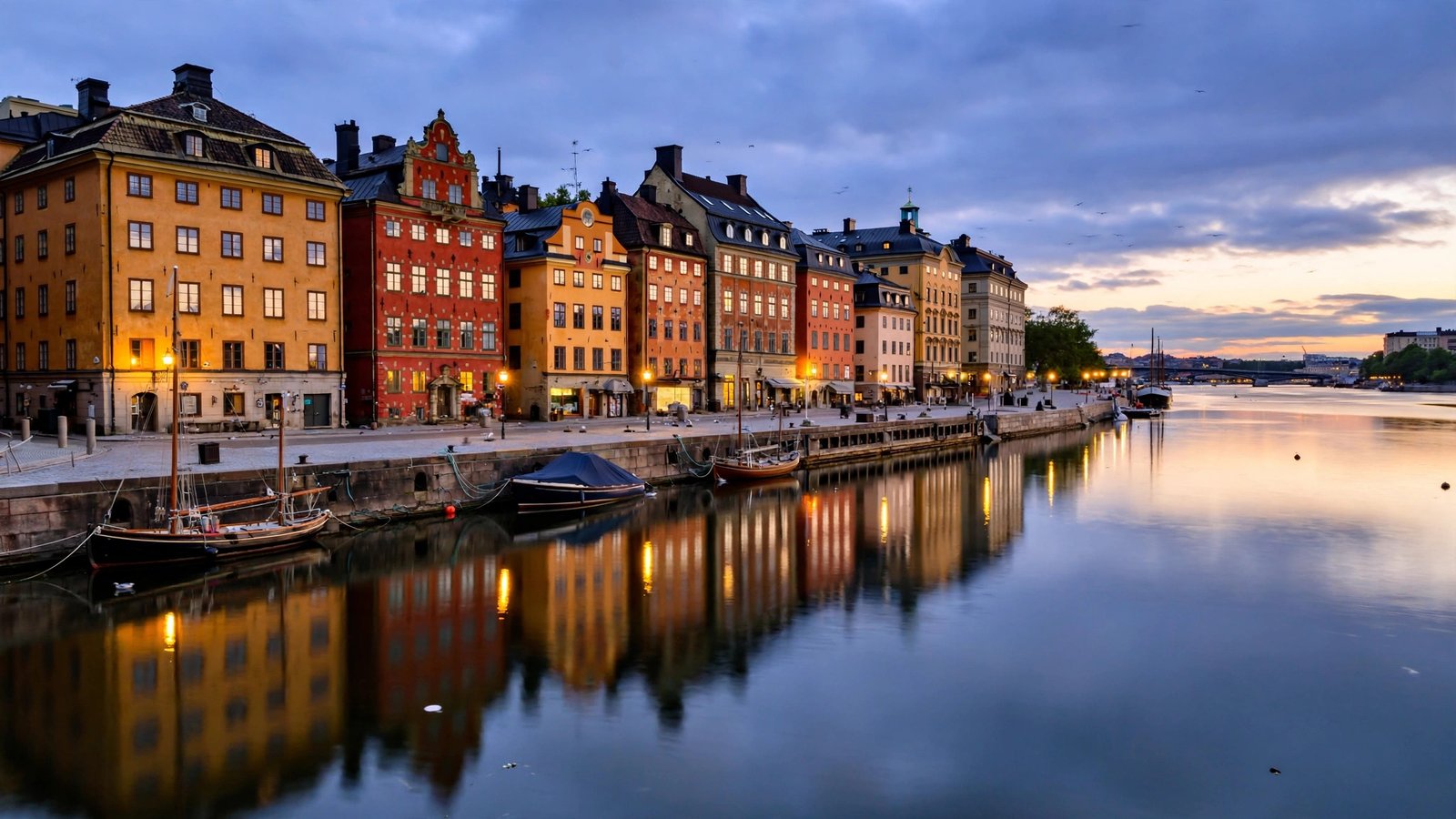 Stockholm old town waterfront at dusk, the Swedish capital where Alexander Skarsgård was born