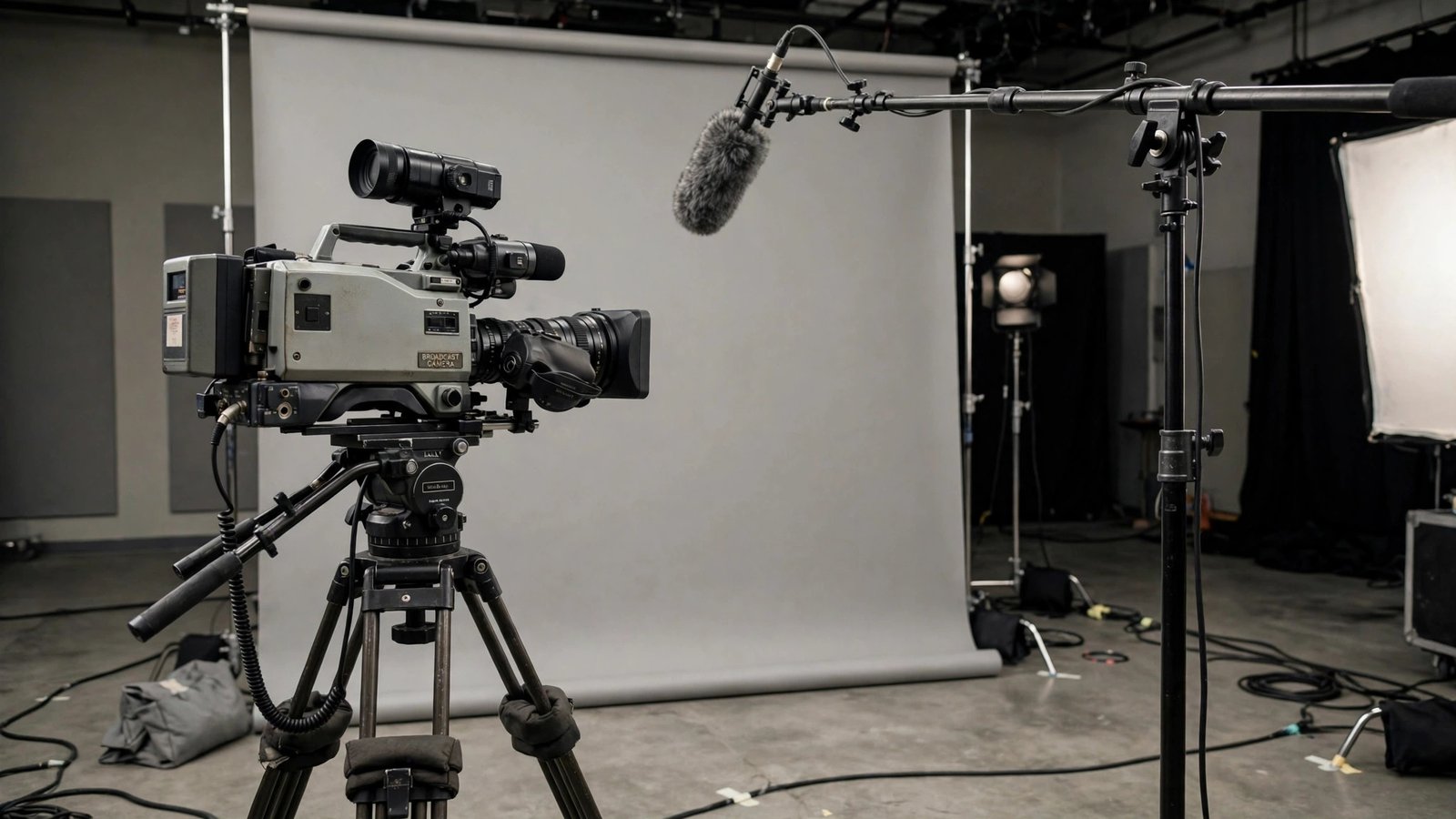 Vintage TV studio camera and microphone set up for a mock documentary interview, representing Diane Morgan's Philomena Cunk series