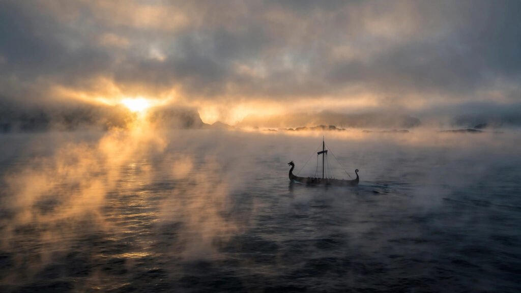 Viking longship silhouette on a misty sea, evoking Alexander Skarsgård's Viking roles in True Blood and The Northman