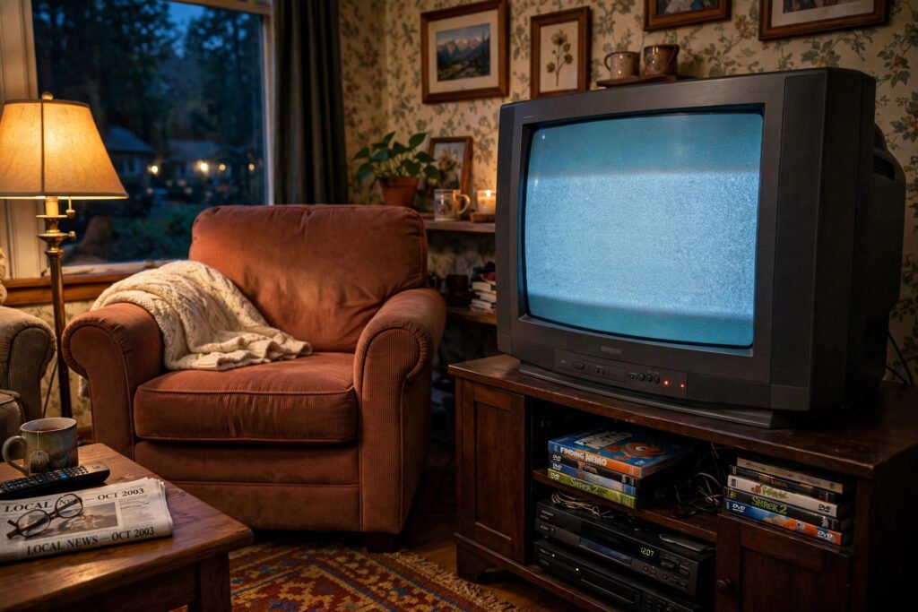 Vintage television in a cosy living room, representing Sushant Singh Rajput's television breakthrough in Pavitra Rishta